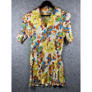 Alberto Makali Floral Crinkle Pleated Button Down Top Short Sleeve Multi Color M